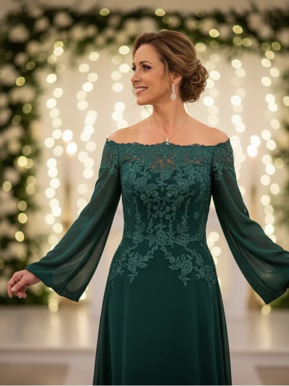 Rachel Allan Off-Shoulder Hunter Green Lace A-Line Gown